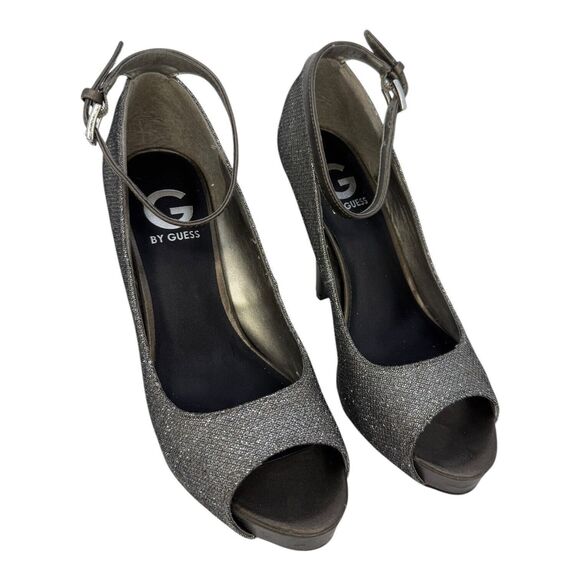 G By Guess GGVALORA Silver glitter Ankle Strap Open toe Stiletto Heels 8M - Picture 1 of 7